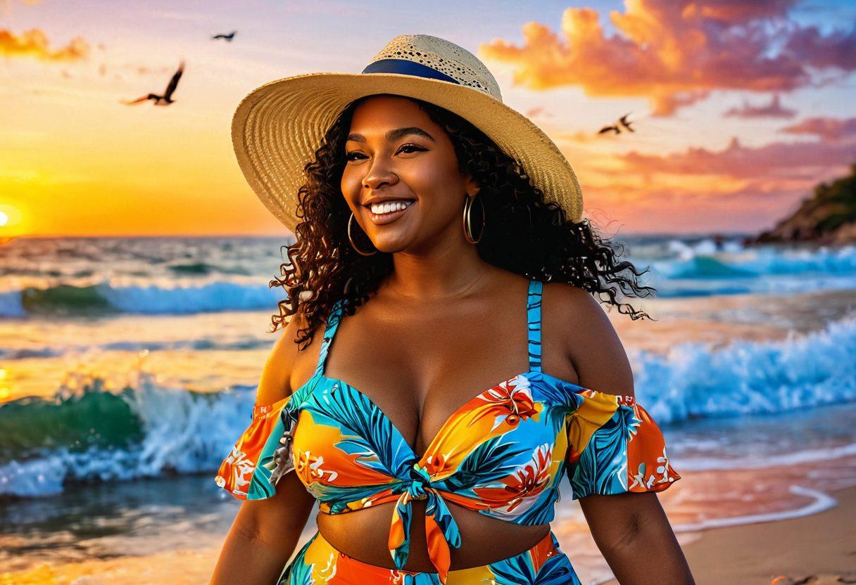 A woman joyfully embracing ocean waves, wearing a stylish summer outfit that showcases self-confidence and body positivity. The scene captures vibrant beach elements like sun hats, colorful swimsuits, and tropical accessories. Surround her with a bright sunset, playful sea birds, and beachgoers enjoying summer fun. The image radiates warmth and positivity. super-realistic. vibrant colors. beach setting.